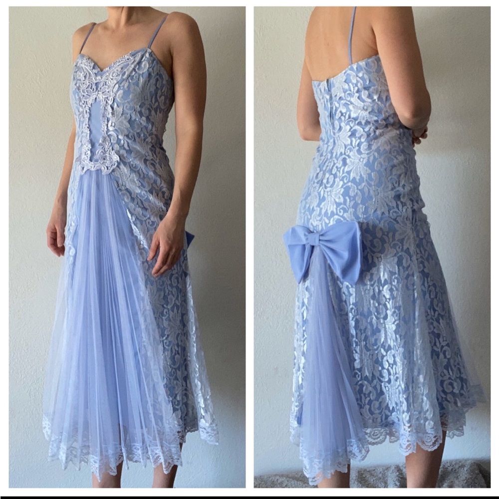 80s vintage prom dress 1980s lace and pleats pleated periwinkle lavender pastel